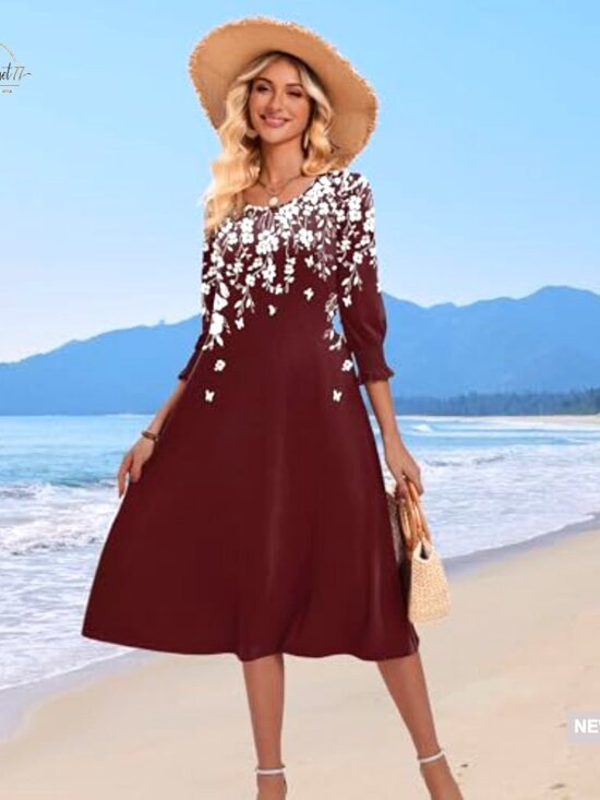 Floral Midi Dress with Pockets 3/4 Sleeve Casual Summer Women's - Picture 3 of 7